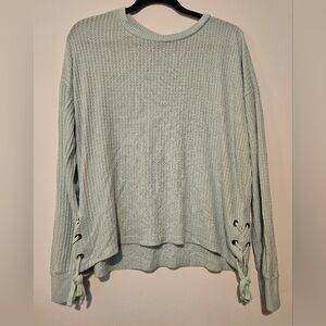 SO Mint Green waffle Knit Sweater with Lace-Up Sleeves